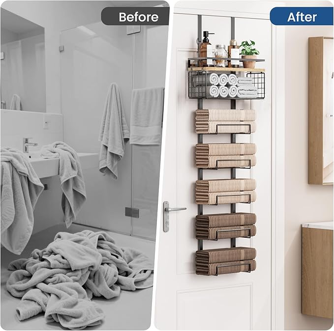 Towel Racks for Bathroom Over The Door Towel Racks Towel Storage Organizer with Metal Shelf Basket for Bathroom Rv Camper (7-Tier Black with Wood Plank)