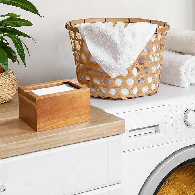 Dryer Sheet Holder, Acacia Wood Laundry Sheets Container, Laundry Room Organization and Storage for Farmhouse Laundry Room Decor and Accessories, Fabric Sheet Dispenser