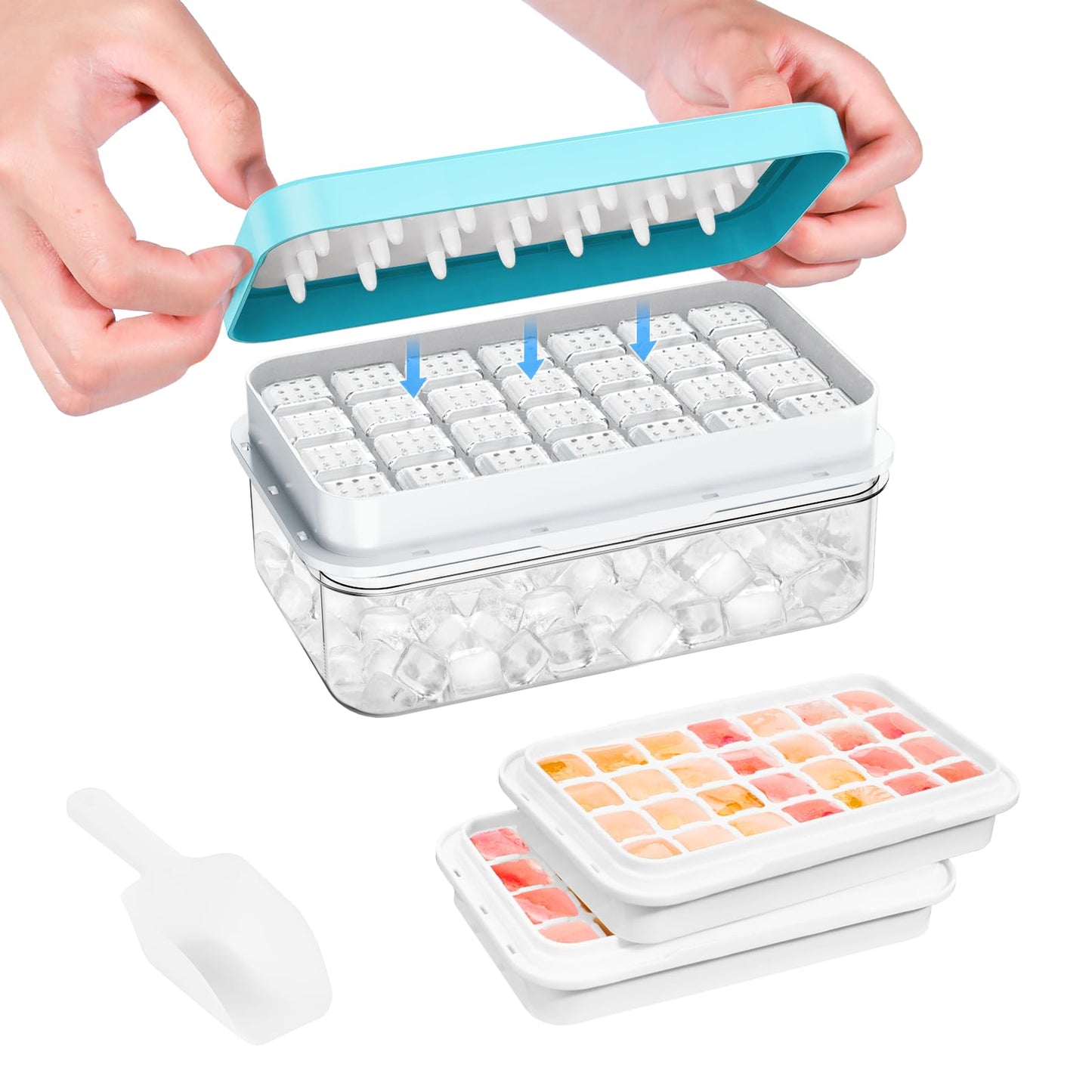 PHINOX Ice Cube Tray with Lid and Bin, Easy Release 56 Cubes for Freezer