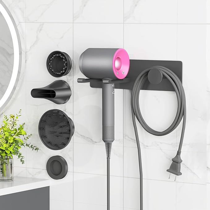 Hair Dryer Holder Wall Mounted with 4-Adsorption, Self Adhesive Blow Dryer Holder for Power Plug, Diffuser and Nozzles Accessories Organizer, Matte Black
