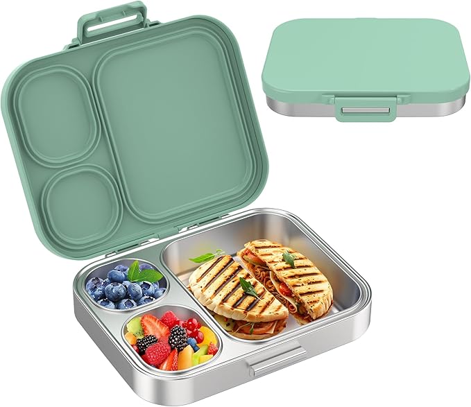 Pawtong Stainless Steel Bento Lunch Box for Kids | 3-Compartment Lunch Box Container Kids | 100% Leakproof, Eco-Friendly, Perfect Portion Control for Kids&Adult Healthy Meals (Blue)