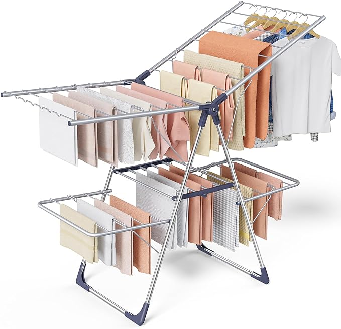 Clothes Drying Rack, Foldable 2-Level Laundry Drying Rack with Height-Adjustable Wings, for Clothing & Bedding, Free-Standing Space-Saving Rack, Indoor & Outdoor, 55.5"L × 22.8"W, Silver Blue