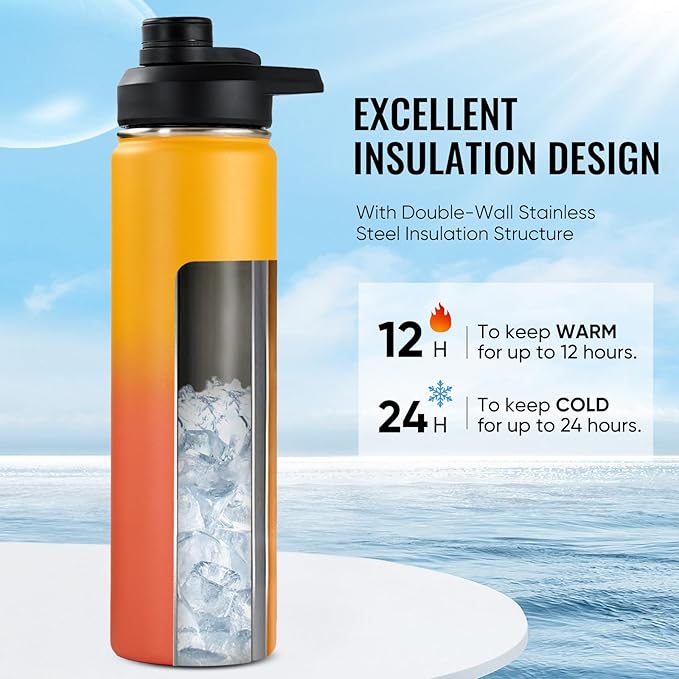 24 oz Insulated Water Bottle with Handle, 304 Stainless Steel Water Bottles with Wide Mouth, Double Wall Vacuum Sports Water Bottle, BPA Free, Keep Cold and Hot, Yellow&Orange