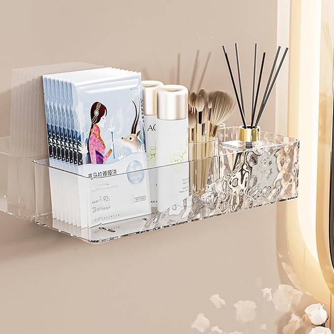 Wall Mounted Bathroom Caddy Organizer, Adhesive Shower Shelf for Inside Shower Caddy Plastic Bathroom Organizers and Storage for Wall, Makeup, Bath, Home Decor, No Drilling (Clear)