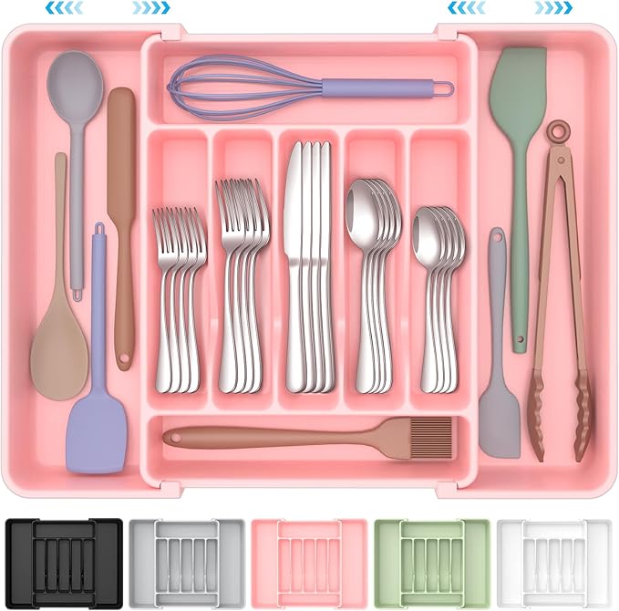Extra Large Expandable Silverware Organizer, BPA-Free Food-Safe Cutlery Flatware Organizer, Kitchen Utensil Drawer Organizer, Adjustable Silverware Holder for Spoons Forks Knives, Pink