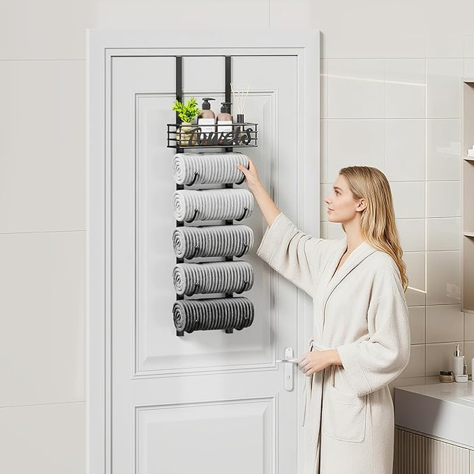 SWTYMIKI Hanging Towel Racks for Bathroom - 6 Tier Over The Door & Wall Mounted Bath Rolled Towel Storage Organizer Holder for Small Bathroom, RV, Camper, Black (Patented)