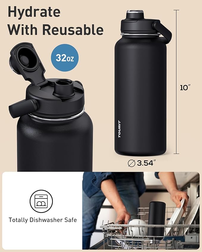 TOURIT 32 oz Insulated Water Bottle, Stainless Steel Sports Water Bottles With Top Handle, Double-Wall Travel Thermal Water Flask, BPA Free Leakproof Water Bottle for Sports and Travel (Obsidian)