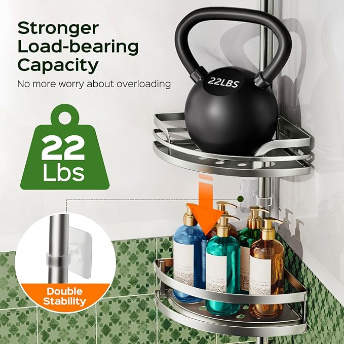 HAMITOR Shower Caddy Tension Pole：4-Tier Rustproof Bathroom Corner Shelf for Renters - 47-121inches Adjustable Bathtub Organizer with Soap Holder-large capacity rack for Shampoo Storage Home Accessory