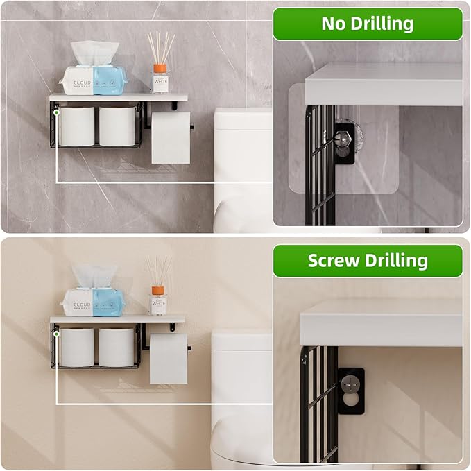 VITVITI Toilet Paper Holder with Shelf, Wall Mounted Toilet Paper Storage Basket, Wood Metal Toilet Roll and Wipes Holder for Bathroom Farmhouse (White)