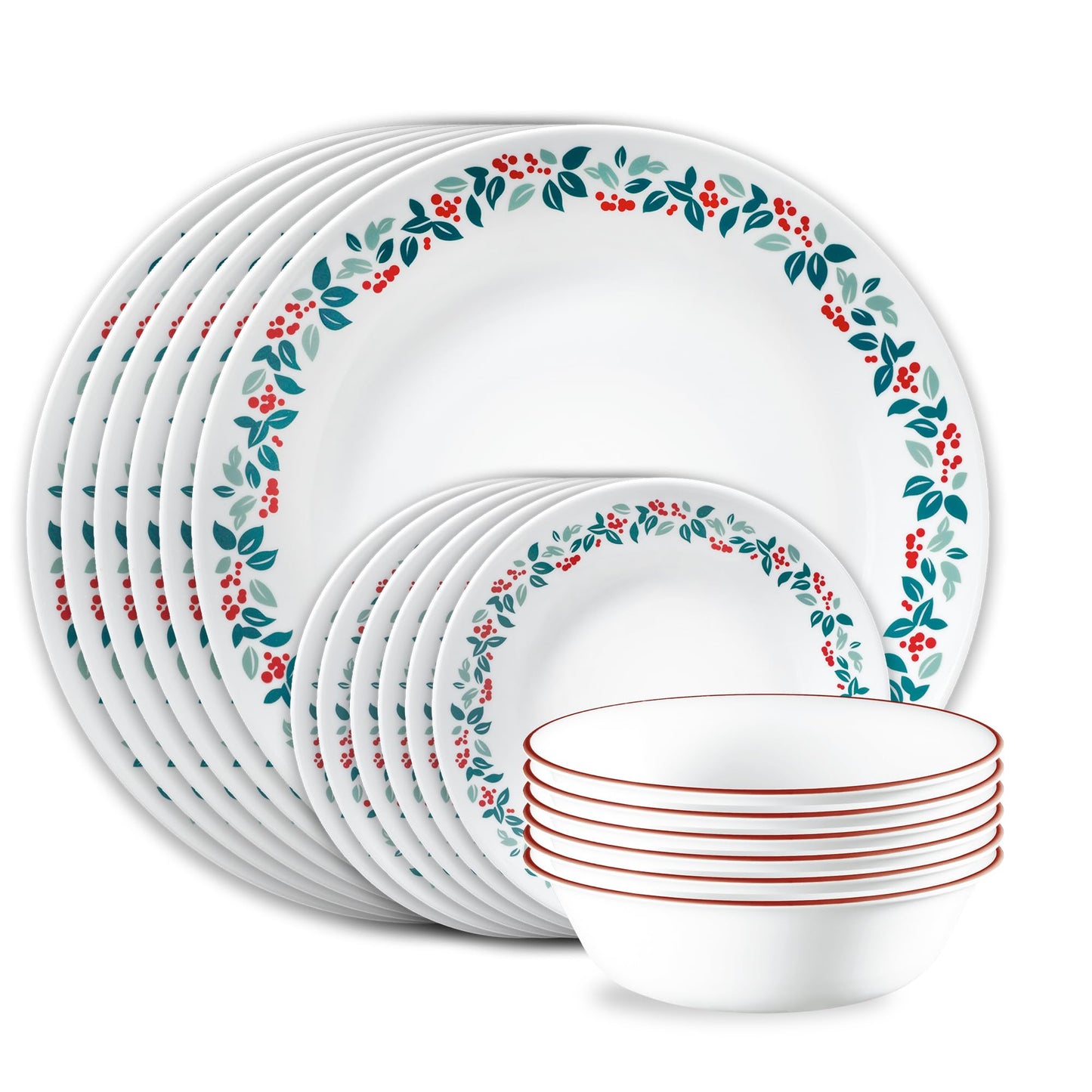 Corelle Vitrelle 18-Piece Christmas Service for 6 Dinnerware Set, Triple Layer Glass and Chip Resistant, Lightweight Round Holiday Plates and Bowls Set, Winter Berries