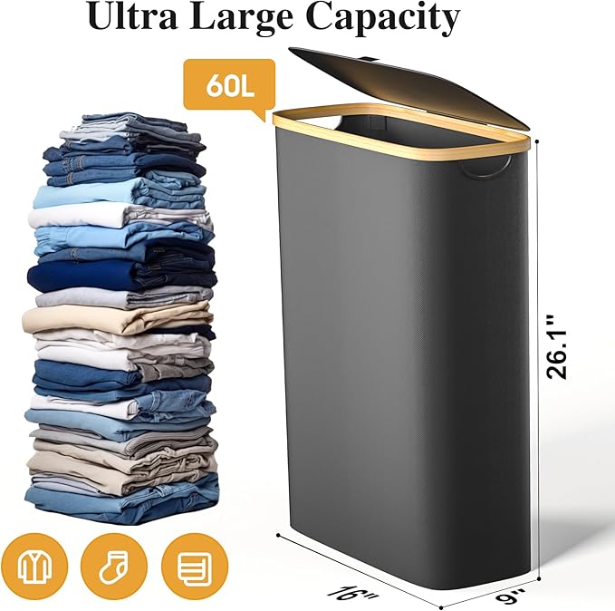 Slim Laundry Hamper, 60L Waterproof Narrow Laundry Basket with Lid and Removable Bag, Collapsible Tall Clothes Hamper with Bamboo Handles for Clothes Toys in Dorm Bedroom Bathroom, Black