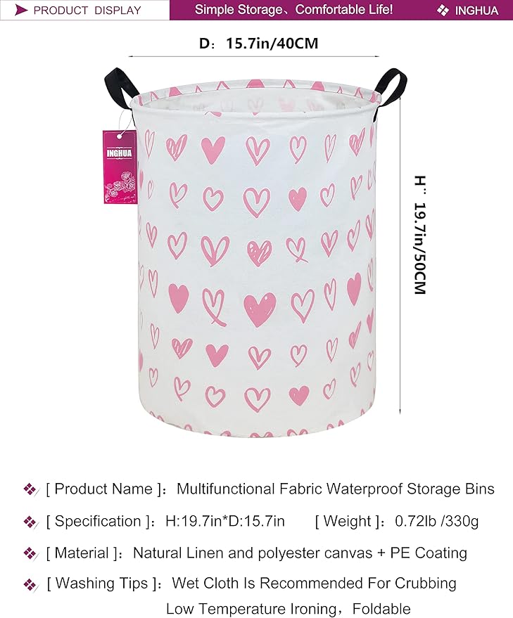 Laundry Hamper Large Canvas Fabric Lightweight Storage Basket/Toy Organizer/Dirty Clothes Collapsible Waterproof for College Dorms, Boys and Girls Bedroom,Bathroom(Pink hearts)