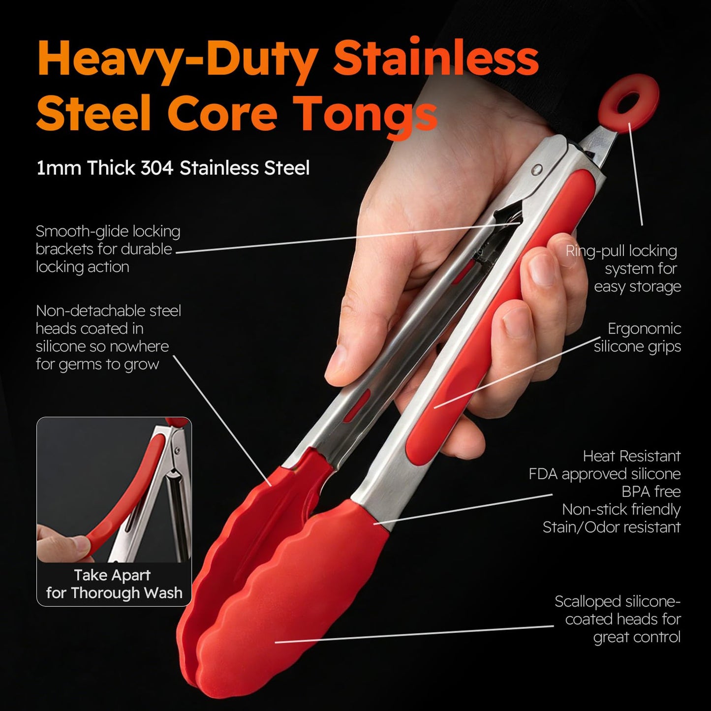 HST 3 Pack Kitchen Tongs, Non Stick Stainless Steel 9 Inch Tongs