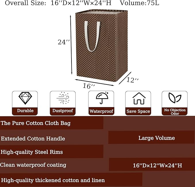 Waterproof Laundry Hamper 75L Collapsible Laundry Basket Extended Cotton Handle Laundry Bag Large Clothes Storage Toy Organization for Bathroom Bedroom Laundryroom College Dorms