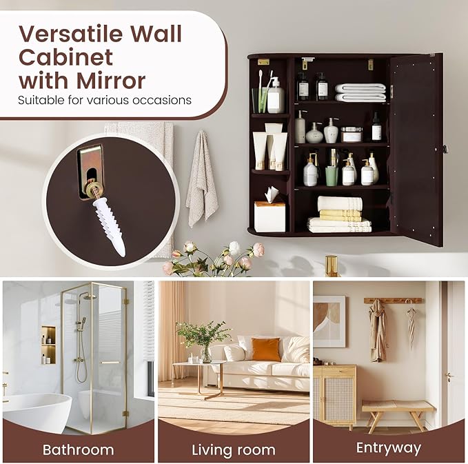 Tangkula Bathroom Medicine Cabinet with Mirror, Modern Wall Mounted Space-Saving Storage Organizer with Mirrored Door, 4 Internal Shelves & 6 Open Side Shelves, Bathroom Wall Cabinet (Coffee)