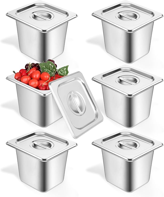 Mwellewm 4 Pack Hotel Pans with Lids 1/3 Size x 6 Inch Deep Stainless Steel Steam Table Pan Commercial Gauge Restaurant Supplies Anti Rust Metal Food Containers Catering Storage for Party Buffet Home