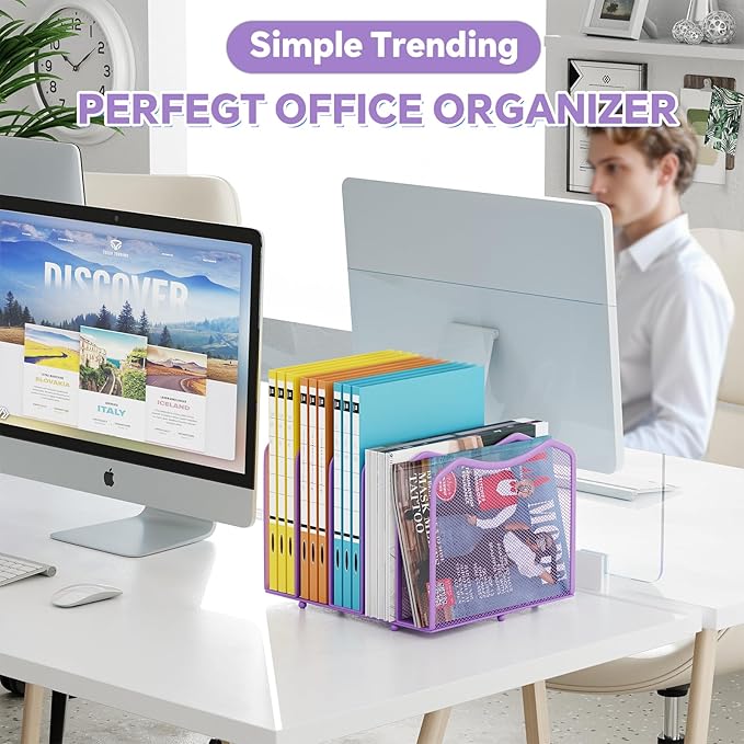 Simple Trending Mesh Desktop File Sorter Organizer, 5-Section Bookshelf for Desk Home Office, Purple