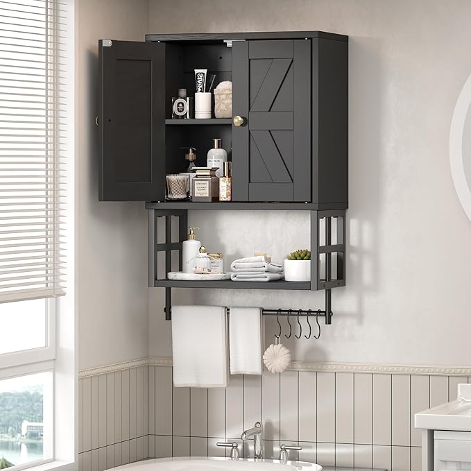 Farmhouse Medicine Cabinet - 3-Tier Wall Mounted Storage Organizer with Adjustable Shelves, Towel Bar, 5 Hooksfor Small Bathroom, Laundry Room, Over Toilet, Living Room, Bedroom (Black)