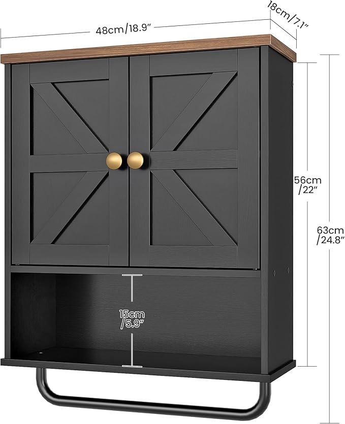 Bathroom Wall Cabinet, Medicine Cabinet with Open Partition and Towel Bar, Rustic Storage Cabinet with Open and Hidden Storage Space, for Bathroom, Living Room, Kitchen, Black and Walnut