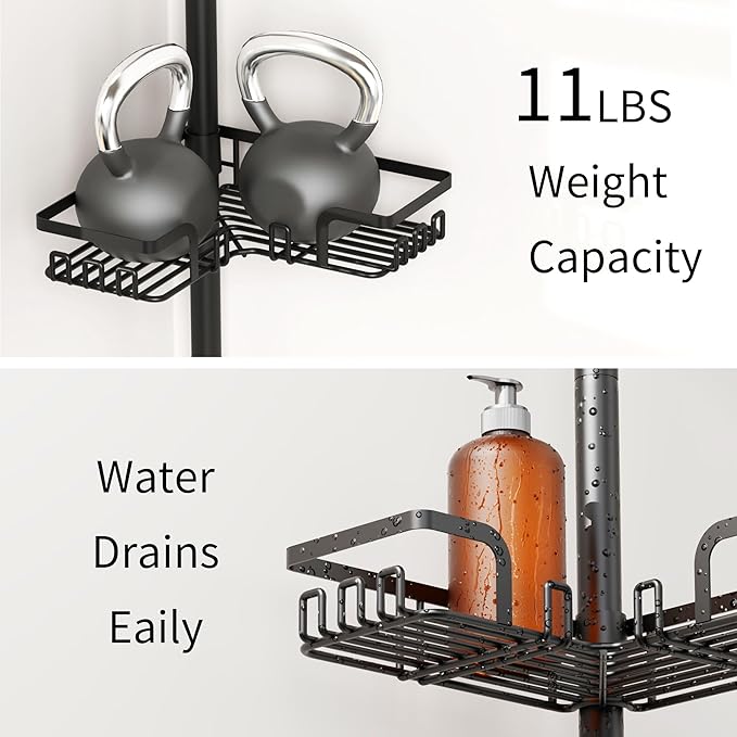 ZUNTO Tension Pole Shower Caddy Corner for Bathroom, Adjustable 25in-114in Floor to Ceiling, Standing Shower Tension Rod Organizer, 4 Tier Storage Shelves with Hooks, Black