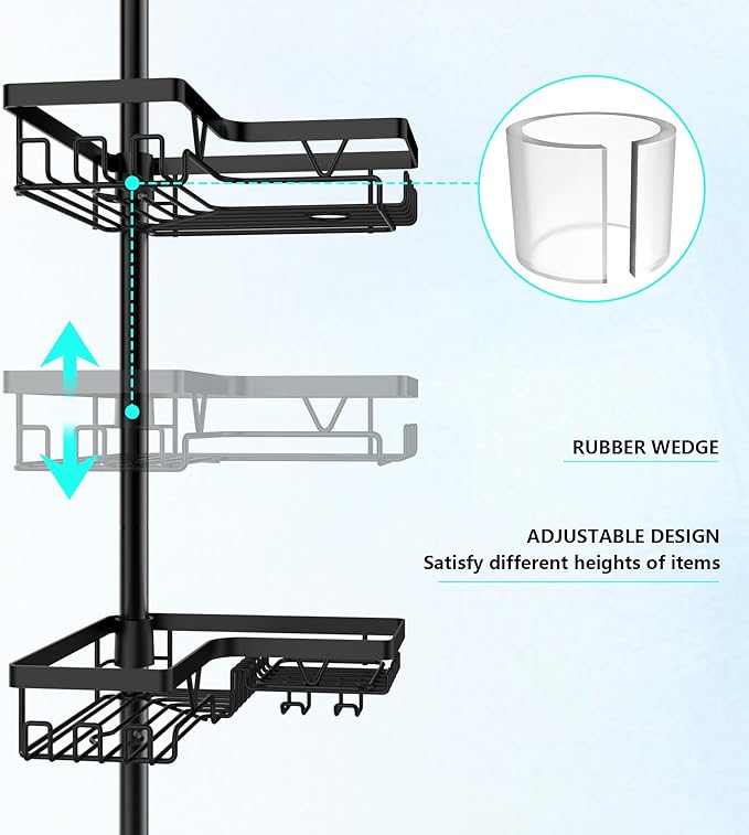 Tension Pole Shower Caddy Corner with 2 Soap Holders, 4 Tier Bathroom Shower Organizer Floor to Ceiling 25-114 inch, Adjustable, Multiple Hooks, Stable Base, Rustproof, Black