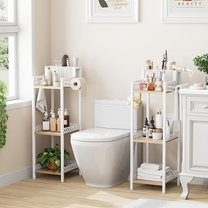 Slim Bathroom Storage Shelf Unit, 3 Tier Corner Storage, Rustic Makeup Organizer, Space-Saving Floor Standing Storage Shelves for Bathroom, Vanity,Kitchen, Laundry 9.85im Matte White