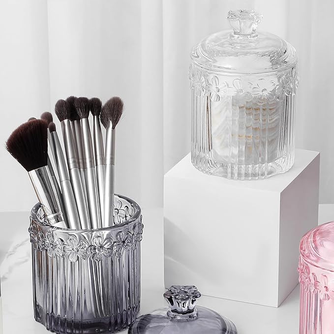 rejomiik 2 Pack Qtip Holder Glass Apothecary Jars with Lids Bathroom Accessories Vanity Organizers and Makeup Storage Canister for Cotton Swabs, Balls, Pads, Floss Picks, Candy, Gray