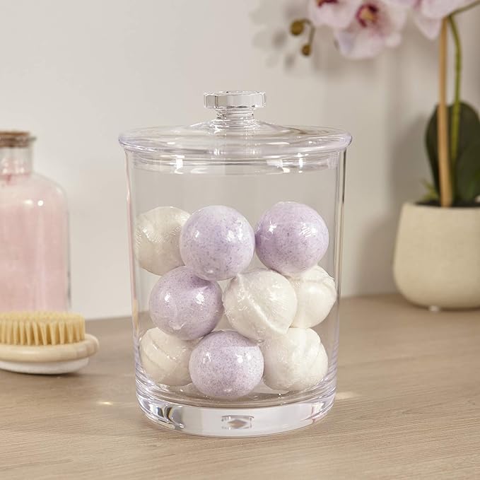 STORi Premium Quality Clear Plastic Makeup and Cotton Ball Holder | 60-oz Apothecary Jar with Lid | Perfect Storage Container to Organize Bathroom and Vanity