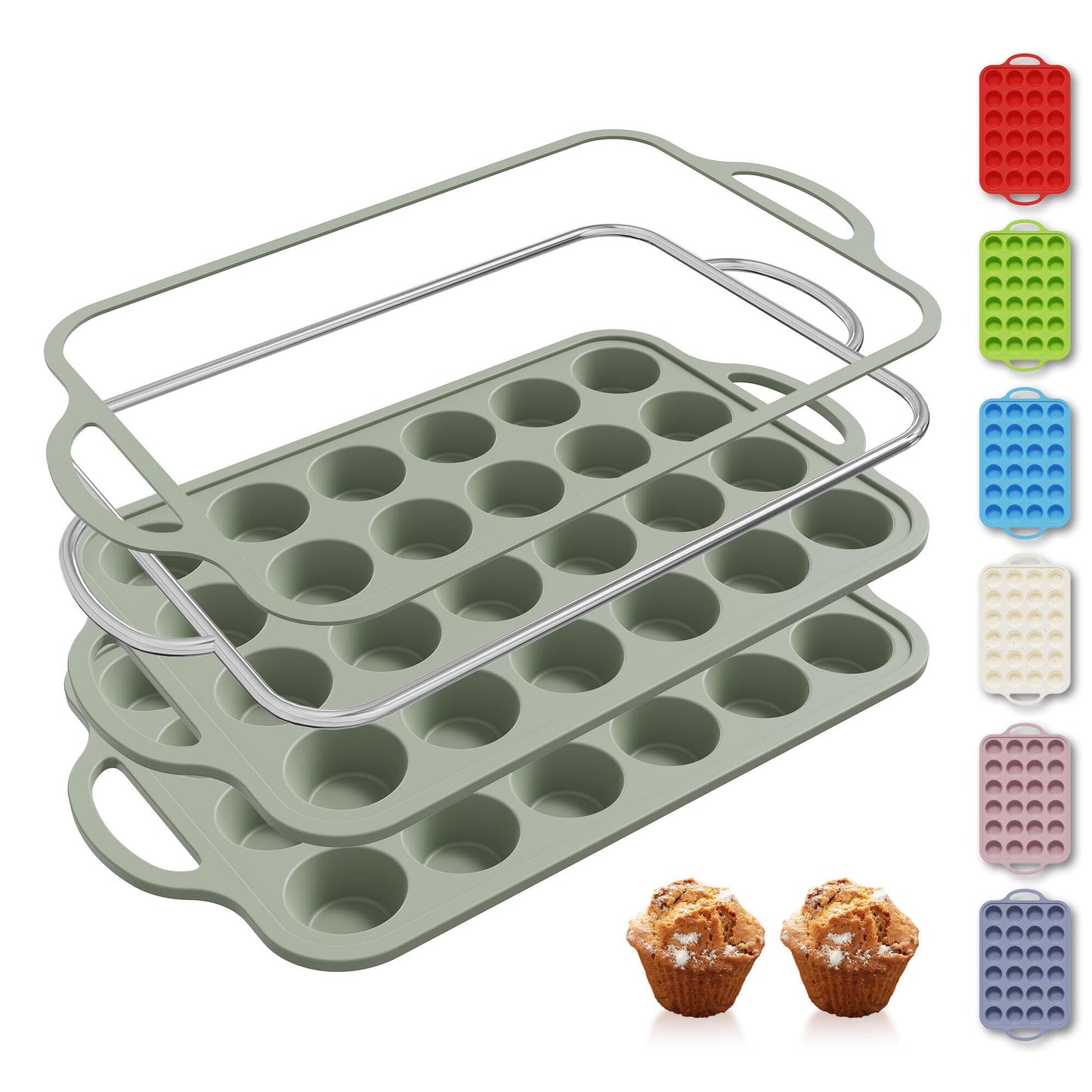 2 Packs 12 Cups Silicone Muffin Pan for Baking with Metal Reinforced Frame Regular Size Cupcake Pan Tray Chocolate Egg Pizza Bites Oven Top Cookie Molds Muffin Tin Tart Pans Sheet Set Bakeware Liner