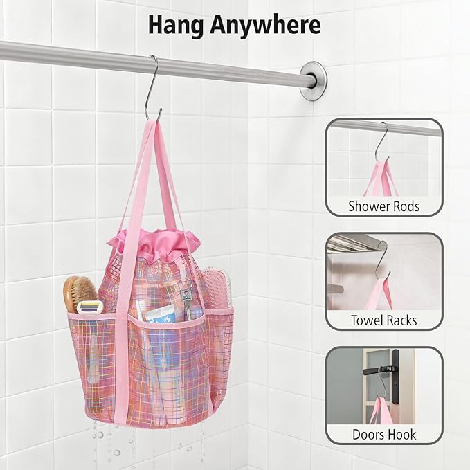 F-color Mesh Shower Caddy Portable with Drawstring - Tall 5 Pockets Dorm Room Essentials for Guys Girls with S Hook, Shower Bag Basket Tote for College Camping Travel Toiletry Bathroom, Pink Grid