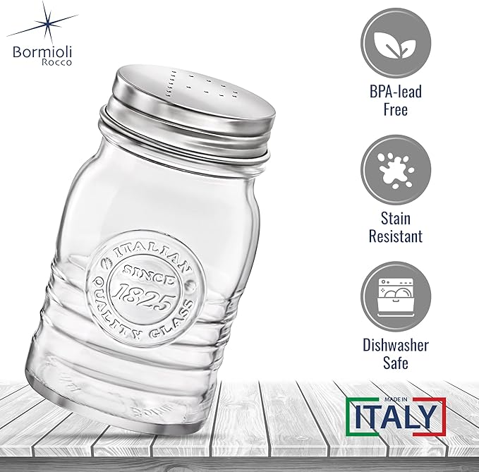 Bormioli Rocco Officina 1825 Salt & Pepper Jars Set of 2-8 Oz. Ribbed Glass Containers with Airtight Metal Lids for Seasoning, Cooking & Dining Table Use - Italian Glass Storage Design