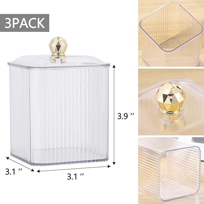 Tbestmax 3 Pack Qtip Holder Dispenser Clear Bathroom Organizer Jar Cotton Swab/Pad/Ball Holder Container Cosmetics Storage for Vanity