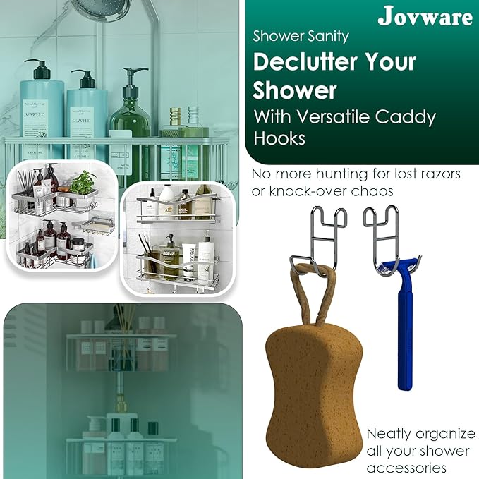 Shower Caddy Shelf Basket Rack Hooks Stainless Steel Metal Bathroom Hangers Hanging for Loofah Robe Massage Towel Squeegee Sponge Razor 2 Pack