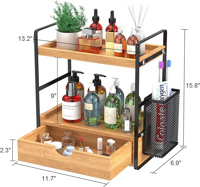LEMIKKLE 2-Tier Bathroom Organizer with Drawers and Baskets, Multi-Purpose Makeup Organizer Countertop, Large Skincare Organizers, Exquisite Vanity Organizer,Wood