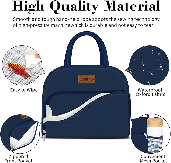 Coobiiya Lunch Bag for Men and Women - Navy Blue, Aluminum, 10.8" x 6.3" x 8.85" - Spacious, Lightweight, and Durable