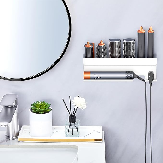 Storage Hair Dryer Holder for Curling Iron Accessories, Hair Tool Organizer Wall Mount, Curling Iron Holder, Bathroom Hair Straightener Holder Stand for Styler Attachments Organizer, White