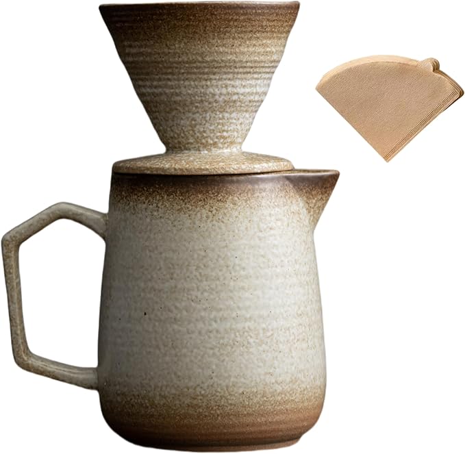 HYAXGM Pour Over Coffee Maker,Ceramic Coffee Maker With 100 pcs Paper Filter，16oz/480ml Pour Over Coffee Dripper (Off White)