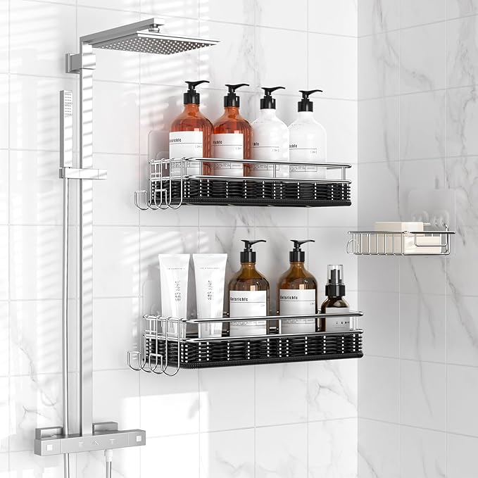 Shower Caddy 3 Pack, Adhesive Shower Organizer with Soap Dish and 4 Hooks, Rustproof Stainless Steel Shower Shelves, Wall Mounted No Drilling Storage Shelf Basket Accessories for Bathroom & Kitchen