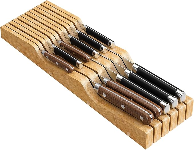 Bamboo In-Drawer Knife Block for 19 Knives(Not Included), Knife Drawer Organizer,Knife Holder Countertop,Block Knife Storage Organizer for Kitchen
