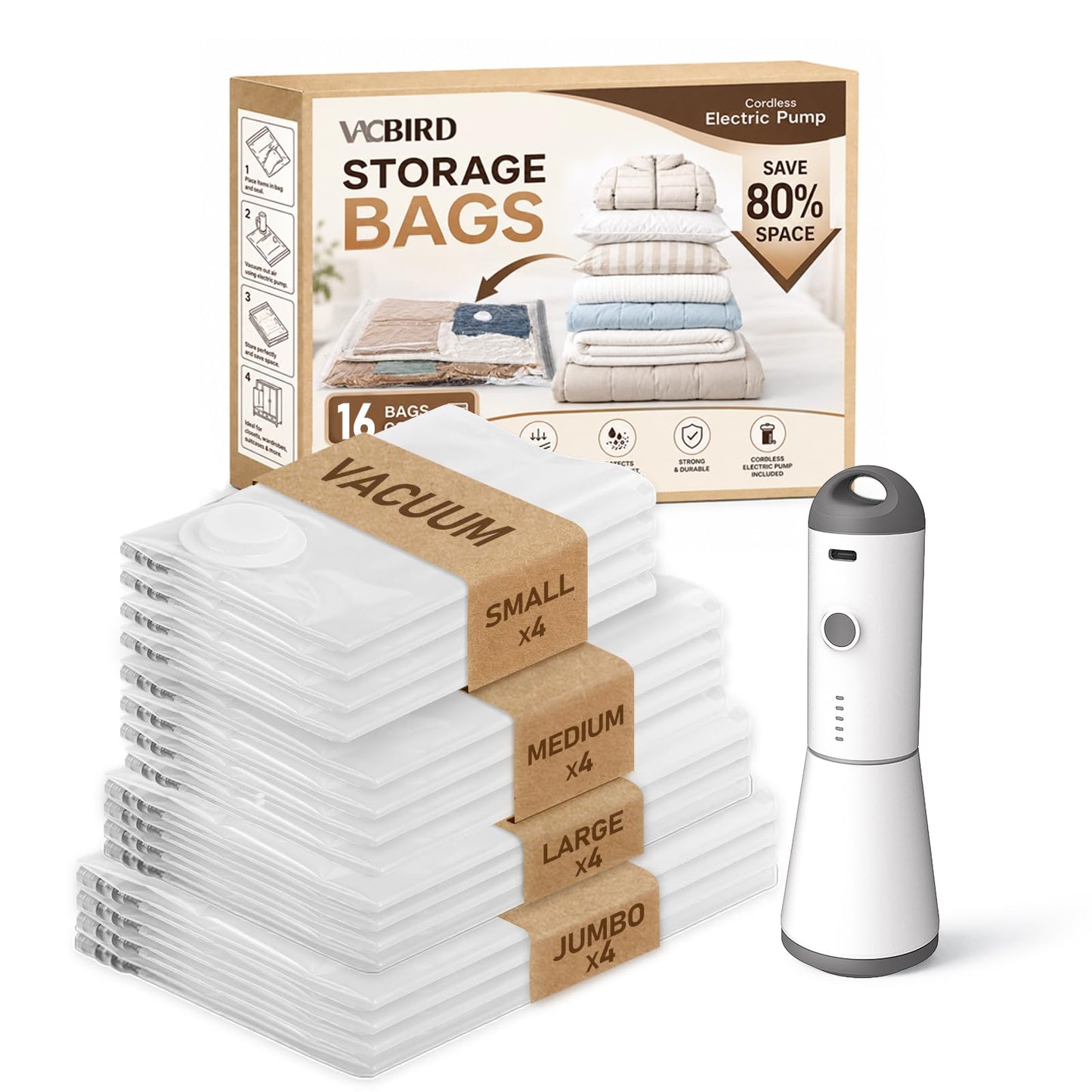 Vacbird Vacuum Seal Bags for Clothing, 20 Pack Vacuum Storage Bags with Rechargeable Cordless Air Pump(5J+5L+5M+5S), Space Saver Bags for Clothes Blanket Duvets Pillows Comforters Travel