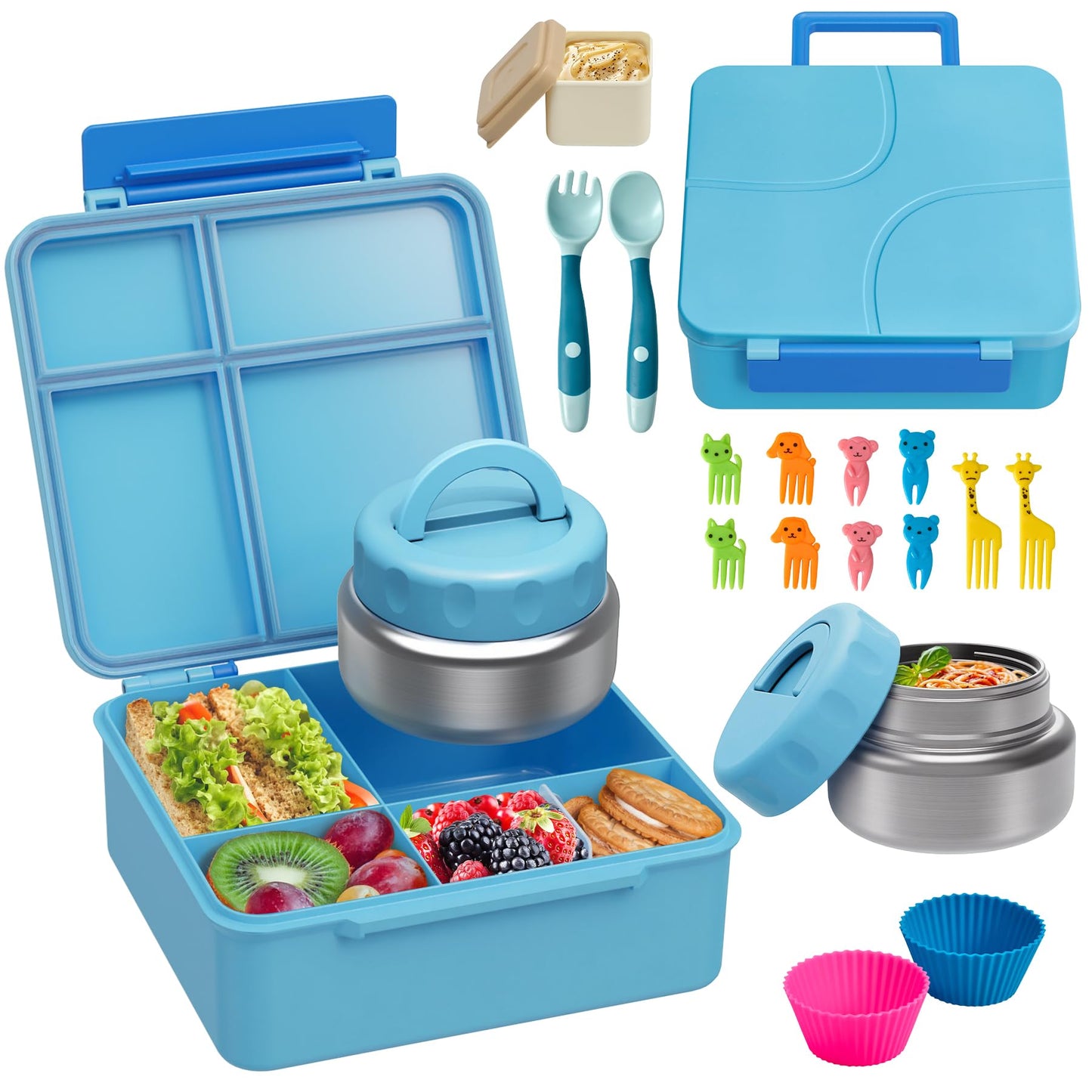 Bento Lunch Box with 9.5 oz Soup Thermo, Kids Leakproof 4 Compartments Bento Box with Silicone Cupcake,Fruit Fork,Spoon and Sauce Cup,Insulated Food Jar for School Travel-Blue