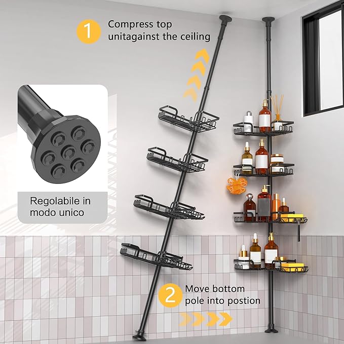 Tension Pole Shower Caddy 5x Stability, Adjustable Floor to Ceiling Shower Organizer, Standing Shower Tension Rod Shelves, 4 Tier Storage Shelves with 2 Soap Holders/Hanging or Adhesive, 25in-114in