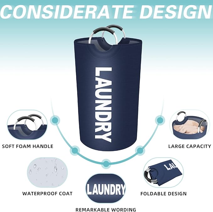 StorageRight 75L Large Laundry Basket, Laundry Hamper, Dirty Clothes Hamper for Laundry, Collapsible, Waterproof Laundry Baskets with Foam Protected Aluminum Handles for Laundry, Dorm, Family (Blue)