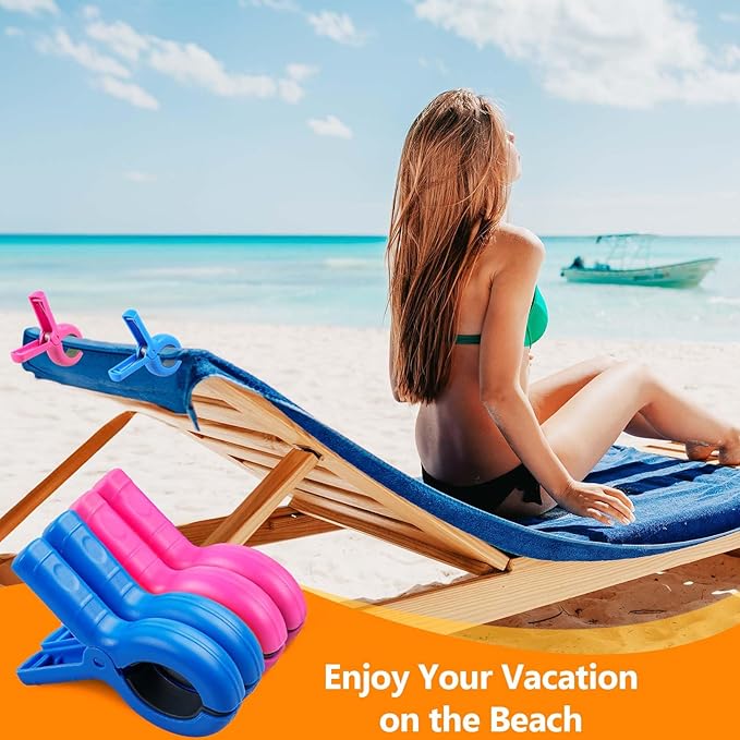 8 Pcs Beach Towel Clips for Beach Chairs, Towel Holder for Beach Chair Pool Chair on Cruise, Jumbo Size Heavy Duty Clothes Pins, Beach Chair Clips to Keep Your Towel from Blowing Away (Pink, Blue)