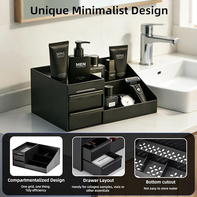 Cologne Stand Organizer for Men - Mens Organizer with Drawers, Perfume Organizer and Cologne Shelf for Bathroom Countertop Storage - Perfect Gifts for Men (Black)