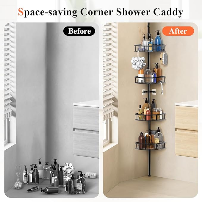 4-Tier Rustproof Corner Shower Caddy with Tension Pole, 42-115 Inch Adjustable Height Shower Organizer, Shower Shelves with Hooks, Freestanding Bathroom Organizer - Black