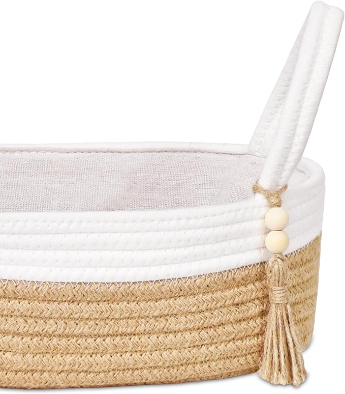 ABenkle Small Storage Basket for Toilet Tank Top - Jute Rope Woven Organizer with Handle, Boho Countertop Bathroom Decor, Toilet Paper Holder, 13x6x4 Inch