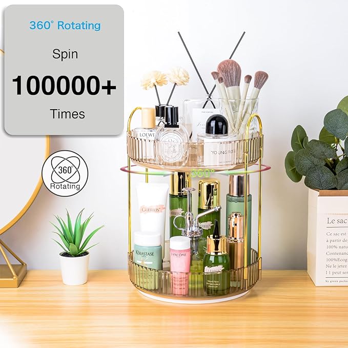 360 Rotating Makeup Organizer - Large Capacity Spinning Perfume & Cosmetic Skincare Holder for Vanity & Countertop (Vibrant Orange, 2 Tier)
