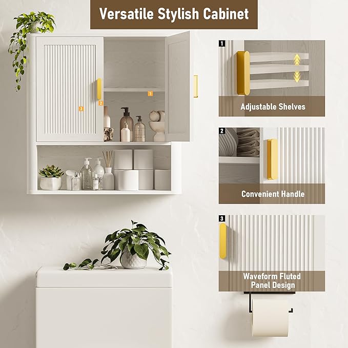 Bathroom Wall Cabinet, Wall-Mounted Medicine Cabinet with Adjustable Wood Shelf & Doors, Floating Bathroom Cabinet Over Toilet for Laundry Room & Kitchen & Living Room (White)