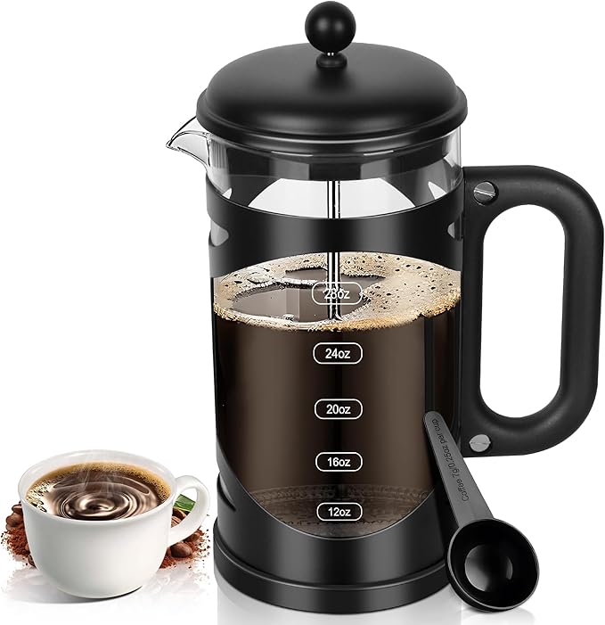 YMMIND French Press Coffee Maker (34oz 1Quart 5-6Cup) Coffee Press, with 4 Filters System, Heat Resistant Thickness Borosilicate Glass, Cold Brew Coffee Tea Pot Gifts (Bright Black)